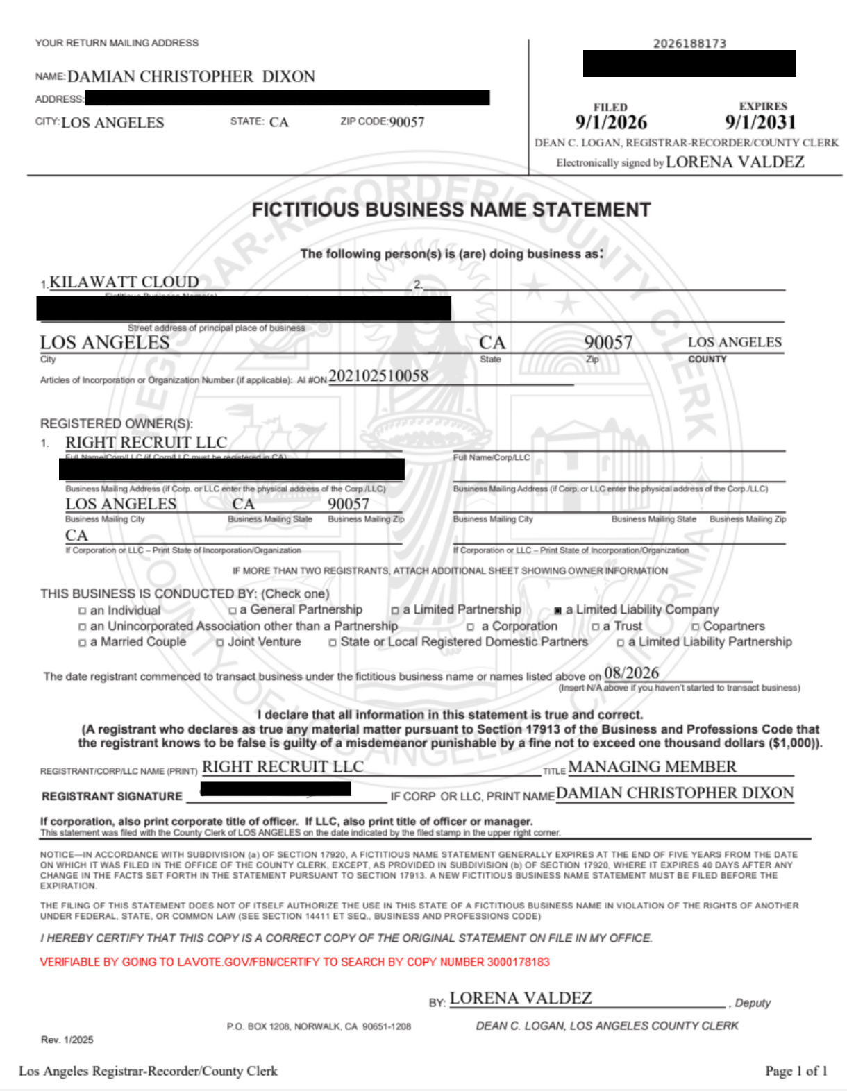Redacted Los Angeles County Fictitious Business Name statement for Kilawatt Cloud and Right Recruit LLC